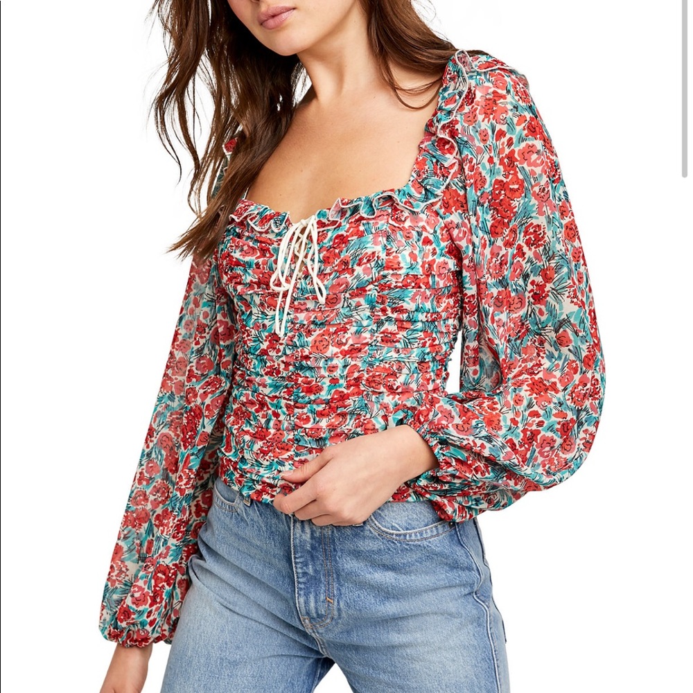 Free People Floral Ruched Peasant Top in Red and Teal NWOT